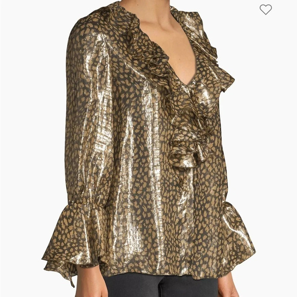 ALICE + OLIVIA Elliot Silk Gold Metallic Animal Print Ruffle Button Down Blouse - Picture 14 of 14